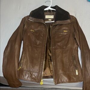 Michael Kors Brown Leather Jacket with Contrast Shearling Collar